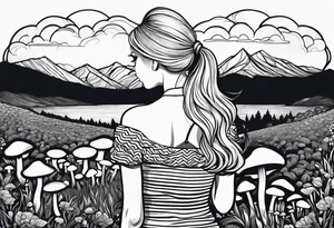 Straight blonde hair girl holding mushrooms in hand facing away toward mountains surrounded by mushrooms circular design black and white striped dress tattoo idea