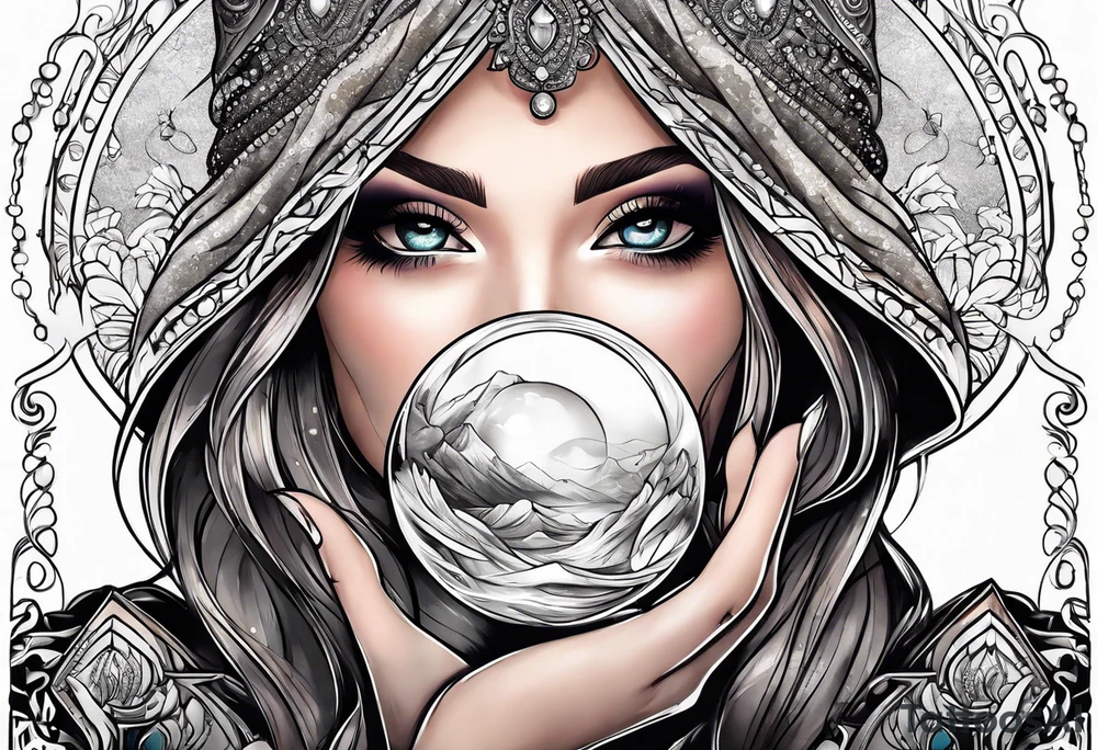 woman holding crystal ball close up tattoo idea