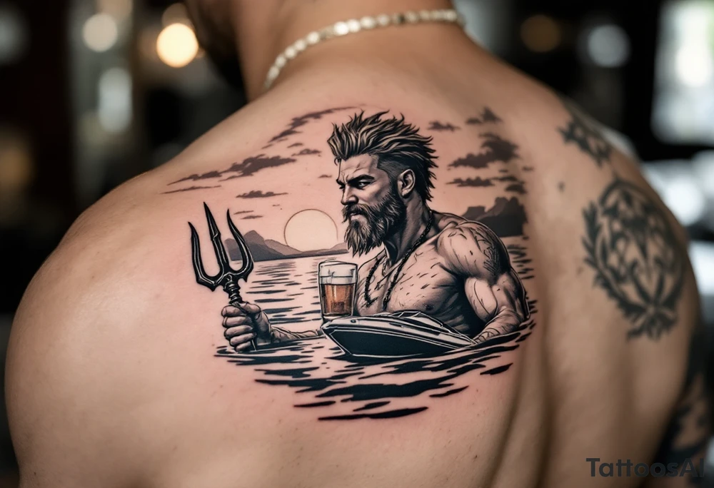 young, happy, fit, short hair, poseidon in calm water, holding a trident, drinking a beer, with sunset, with ski boat tattoo idea