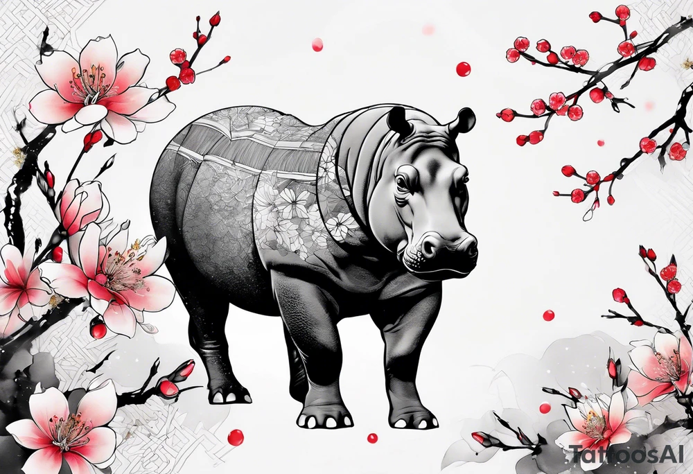 Asymmetrical, geometric, chinese ink art touch, hippo , full moon, wintersweet flower, light , modify from my favourite, ratio 9:16 tattoo idea