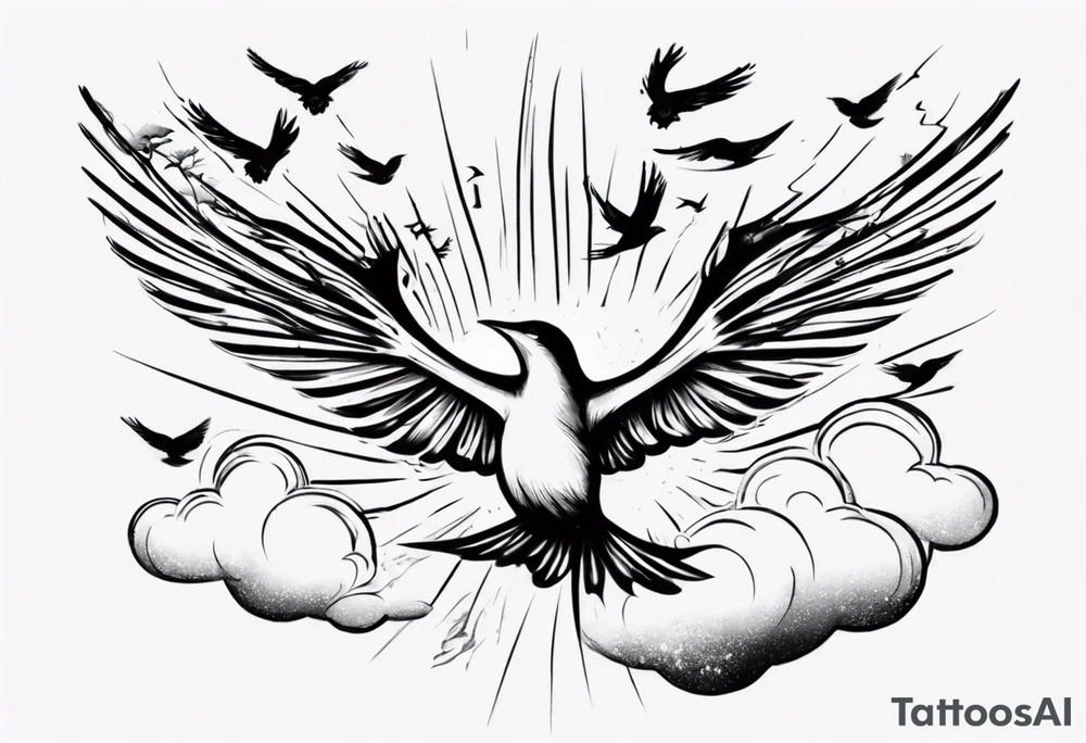 a shoulder tattoo with rays of light, clouds and birds flying free tattoo idea