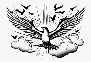 a shoulder tattoo with rays of light, clouds and birds flying free tattoo idea