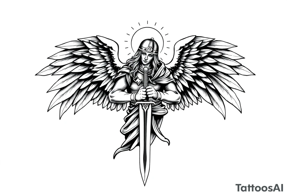 Holy Archangel, Biblical, Christianity, Hebrew, Guards of Christianity, Holding a sword, has six wings, wearing helmet, halo, seraphim, seek justice, walk only with God tattoo idea