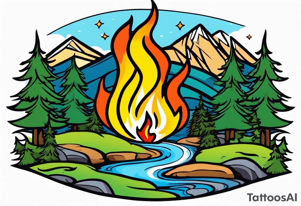 Small campfire in the center, right side: an evergreen tall tree, left side: mountain stream tattoo idea