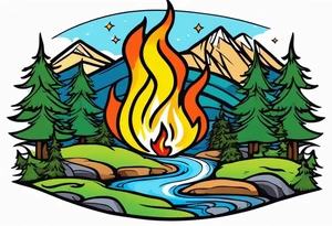 Small campfire in the center, right side: an evergreen tall tree, left side: mountain stream tattoo idea
