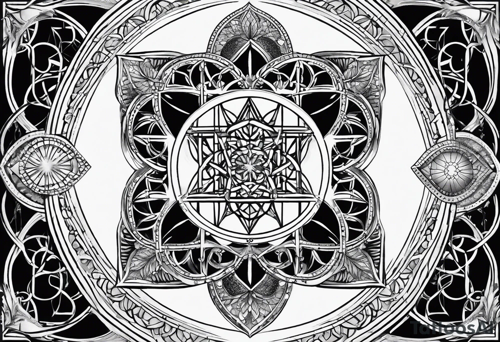 sleeve tattoo for women with symbols of sacred geometry: Metatron's cube, Kabbalah tree of life, flower of life tattoo idea