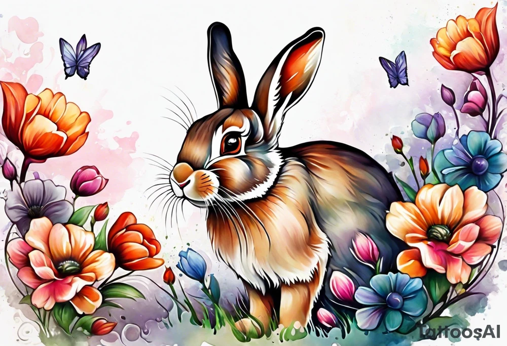 Rabbit and flowers, spine tattoo cover up tattoo idea