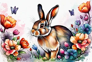 Rabbit and flowers, spine tattoo cover up tattoo idea