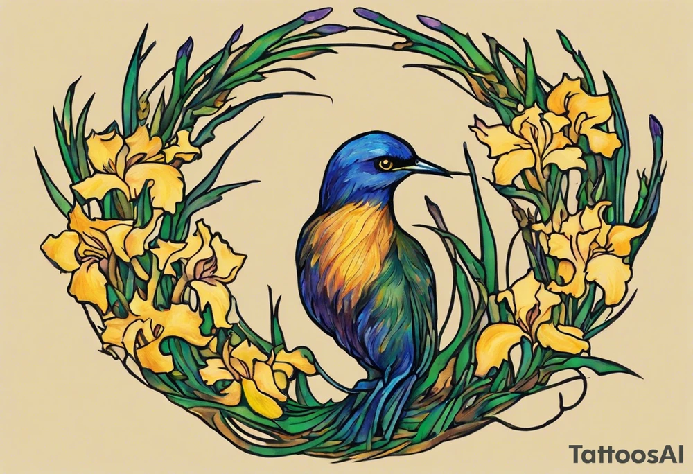 Create a colorful, small Vincent van Gogh Irises tattoo with a nest and bird. The tattoo should take the form of a crescent, with vines gracefully intertwining at a central point in the middle of the wreath. Ensure that the design avoids the appearance of a bush and maintains a more structured and deliberate arrangement. The intended placement is on the upper chest. The overall design should be small in size while maintaining a delicate and artistic aesthetic. Pay attention to the graceful flow of the vines and the placement of the irises to achieve a refined and elegant look tattoo idea