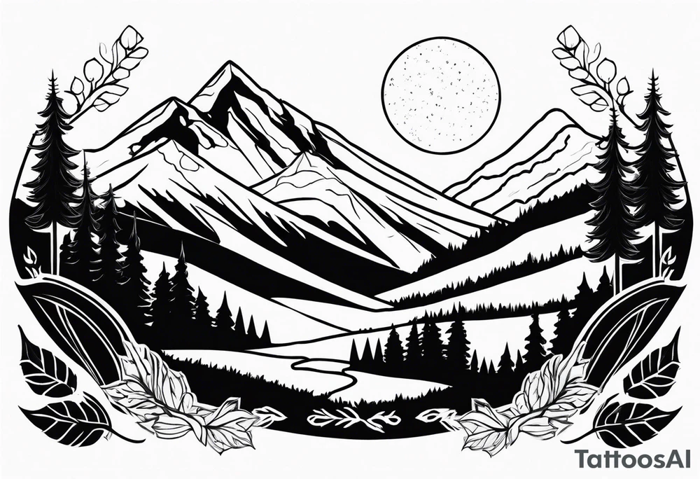 Mountains valley trees tattoo idea