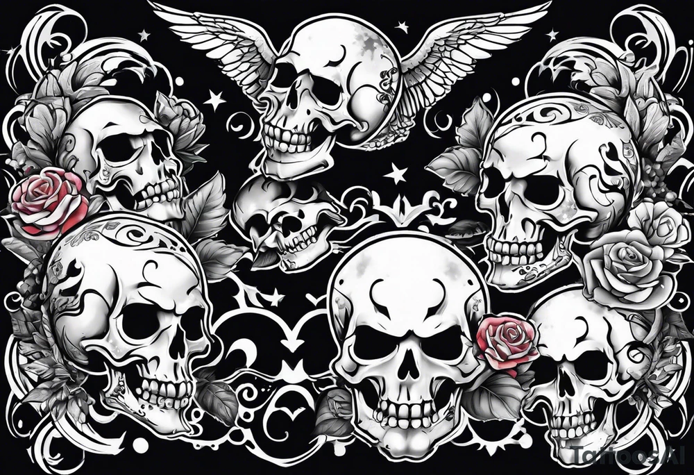 neck tattoo stencil about pain and struggle in new school or polka trash style with funny skulls tattoo idea