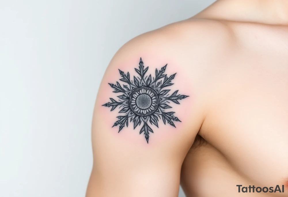 A sun in the form of a snow flake tattoo idea