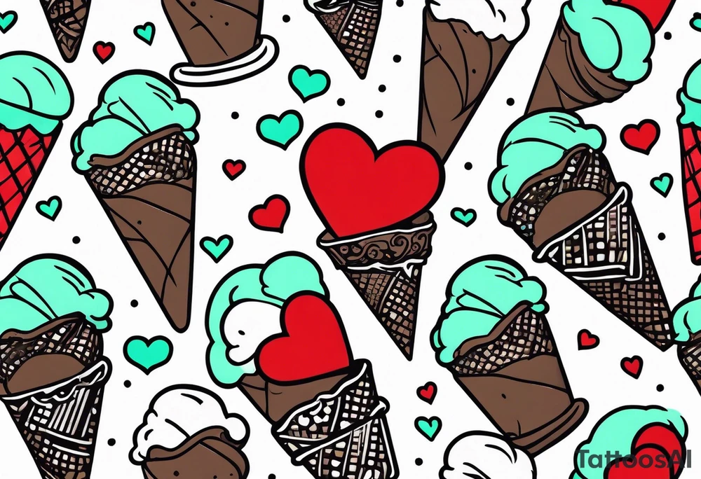 simple mint chocolate chip ice cream cone with small red heart on it somewhere. tattoo idea