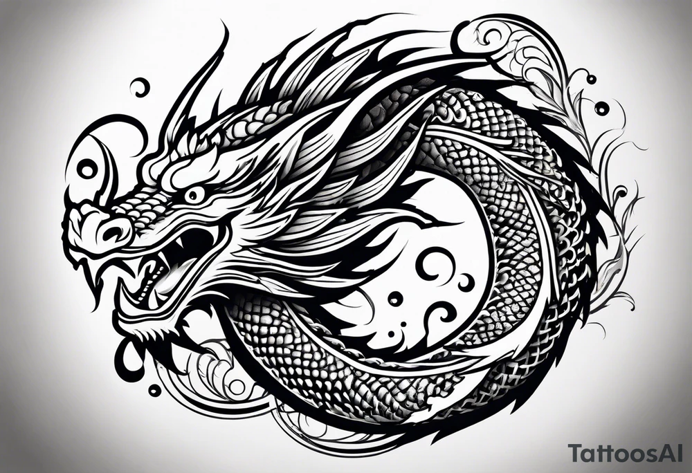 Asian Māori dragon, koi, water, black tattoo idea