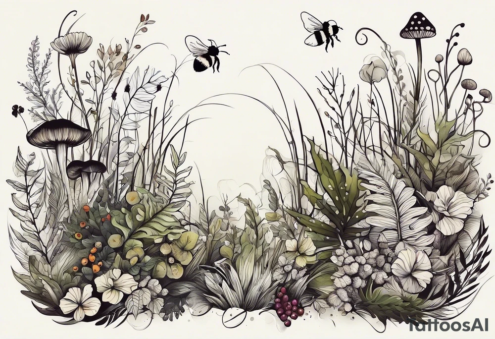 forest floor inspired minimalist tattoo, which includes grass, curly ferns, moss and dead leaves as the bulk of the tattoo. details to include: forest berries, a tiny bumblebee flying nearby, three small brown mushrooms
Generate a vertically long one tattoo idea