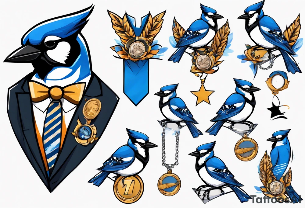 bluejay in a suit with a medal on around neck tattoo idea