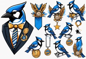 bluejay in a suit with a medal on around neck tattoo idea