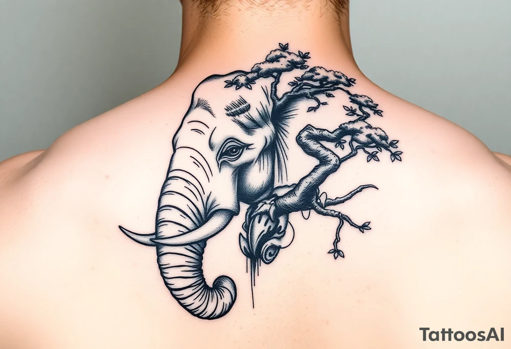 Head of an elephant with bonsai tree incorporated into it Japanese style tattoo idea