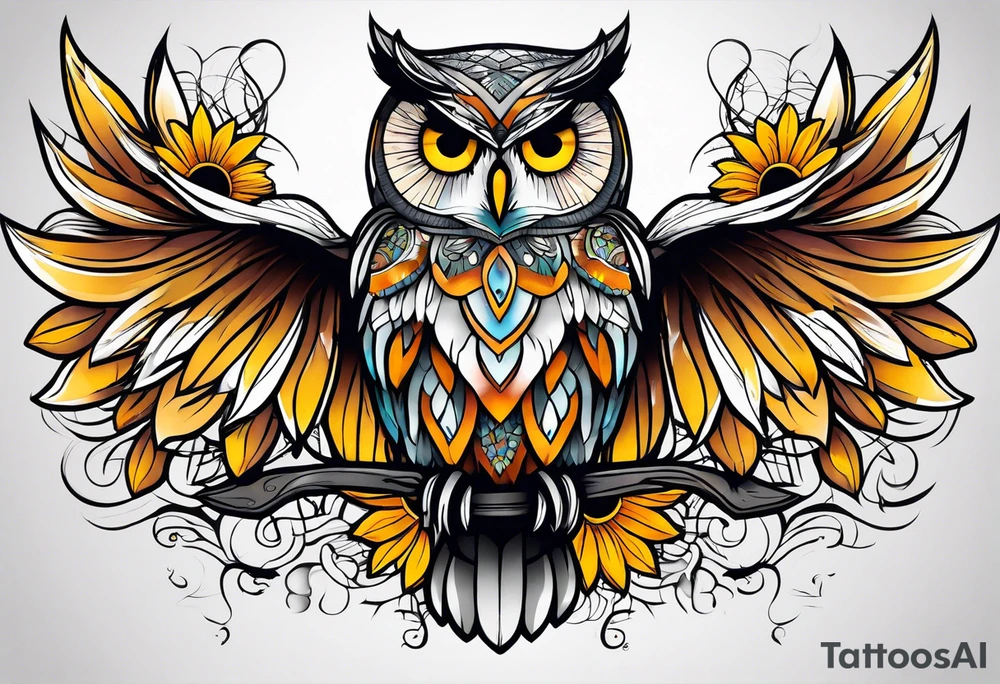 Owl and sunflower sleeve tattoo idea