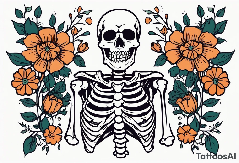 skeleton with body and flowers around it vintage sketch tattoo idea