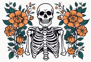 skeleton with body and flowers around it vintage sketch tattoo idea