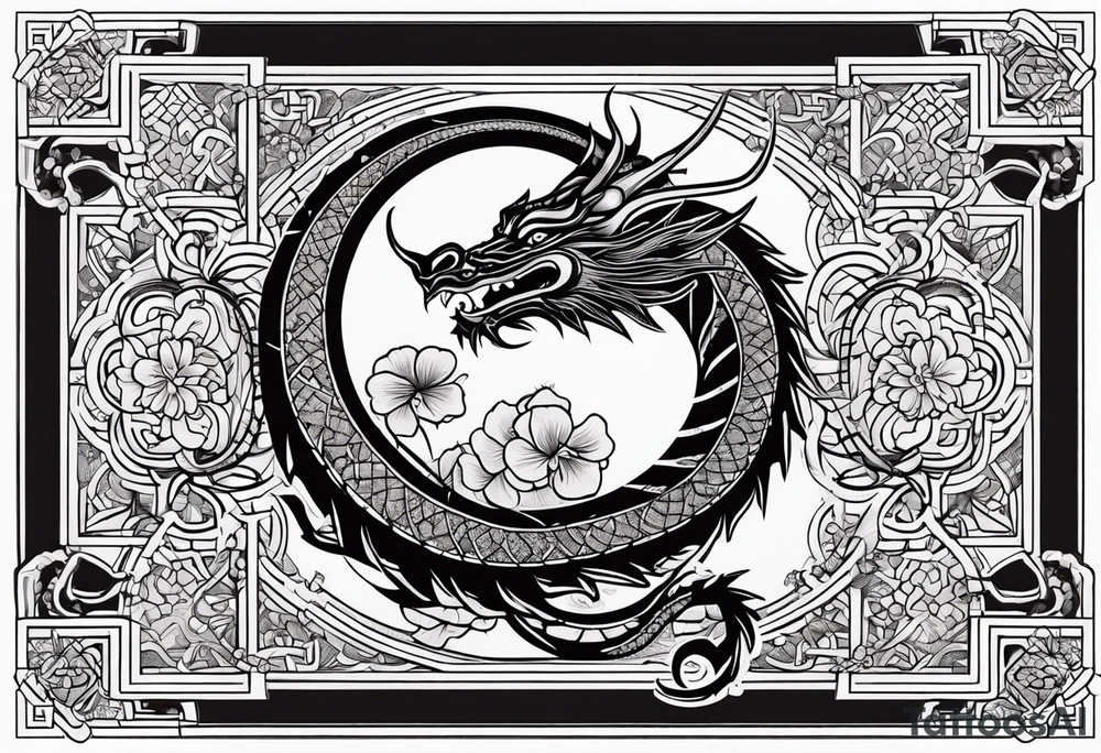 Dragon en Arabic avec un cerisier en fleur tattoo idea