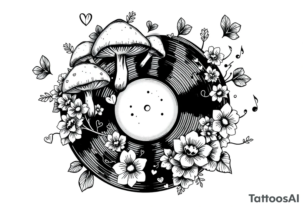 vinyl record with mushrooms, flowers, hearts, and music notes tattoo idea