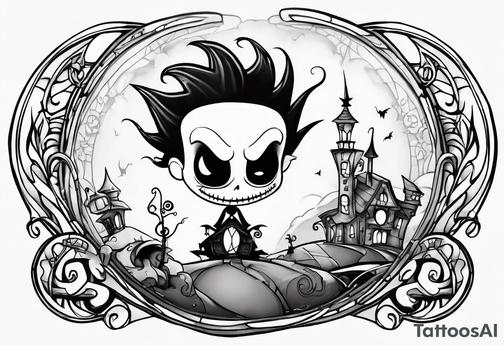 Black and white, character Dr. Finklestein from nightmare before Christmas chibi cartoon tattoo idea