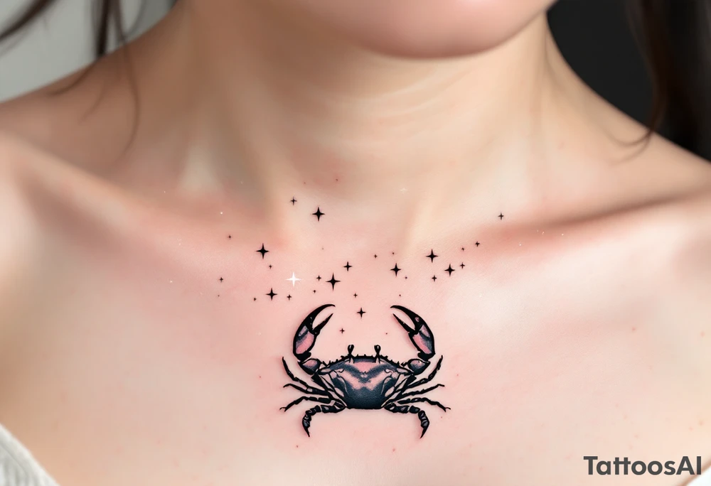 A minimalist crab drawn in black rests beneath white Cancer stars constellation scattered across a dusky rose sky. tattoo idea