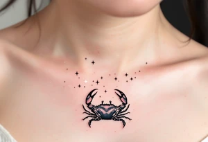A minimalist crab drawn in black rests beneath white Cancer stars constellation scattered across a dusky rose sky. tattoo idea