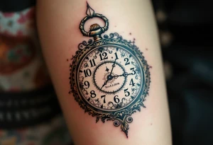 Ornate pocket watch tattoo showing 13:37 and "Veronika – 2.9.2016" in warm sepia tones. tattoo idea