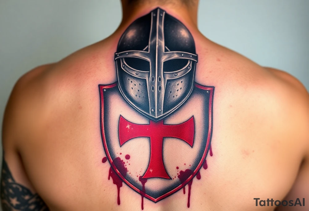 A black and silver medieval helmet with battle scars, resting on a bloodstained Templar shield with a bold red cross at its center tattoo idea