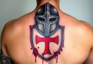 A black and silver medieval helmet with battle scars, resting on a bloodstained Templar shield with a bold red cross at its center tattoo idea
