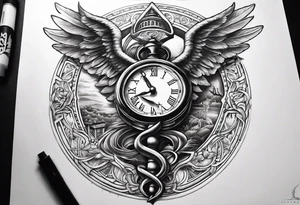 Caduceus with clock at 4:09 and remember to live in latin tattoo idea