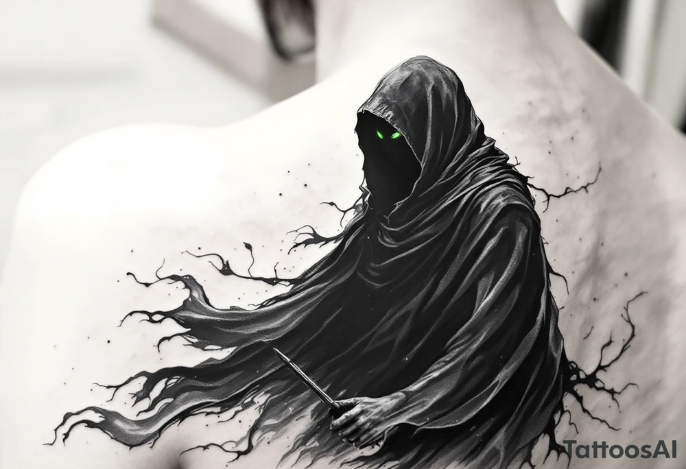 A shadowy figure in a flowing dark cloak, holding a wand in one hand. The figure’s face is obscured by a hood, with only glowing snake eyes visible. Deep black for the cloak, grey for the shading, and green for the glowing snake eyes. tattoo idea