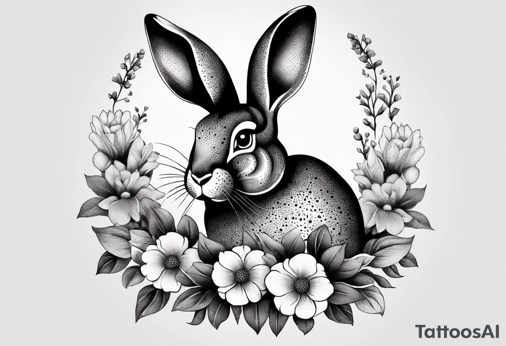 Rabbit head and flowers tattoo idea