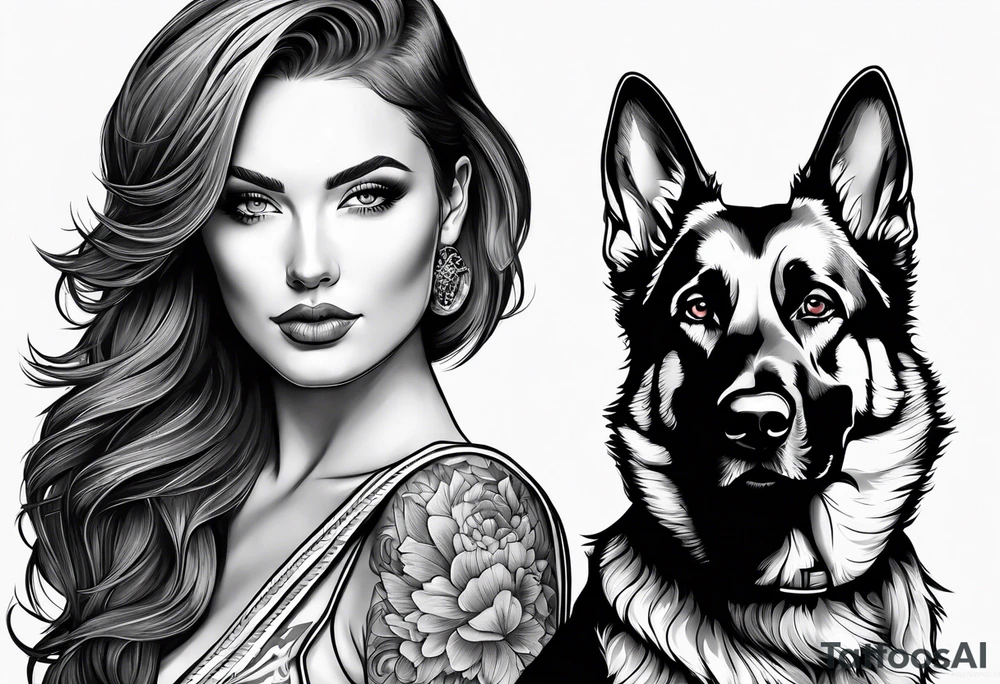 red hair woman with German shepherd dog tattoo idea