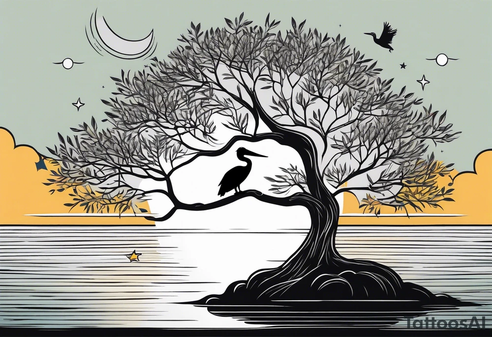 A simple willow tree with a flying pelican. A sun a moon and a star tattoo idea