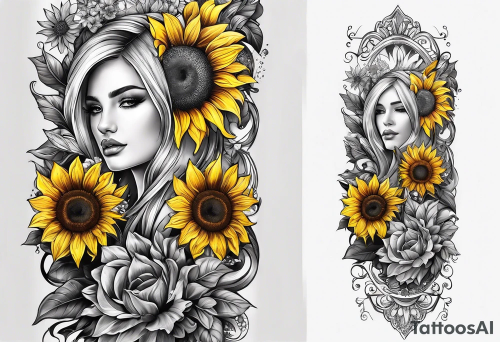 Arm sleeve Foral sunflower and roman numeral tattoo idea