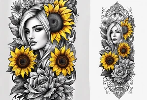 Arm sleeve Foral sunflower and roman numeral tattoo idea