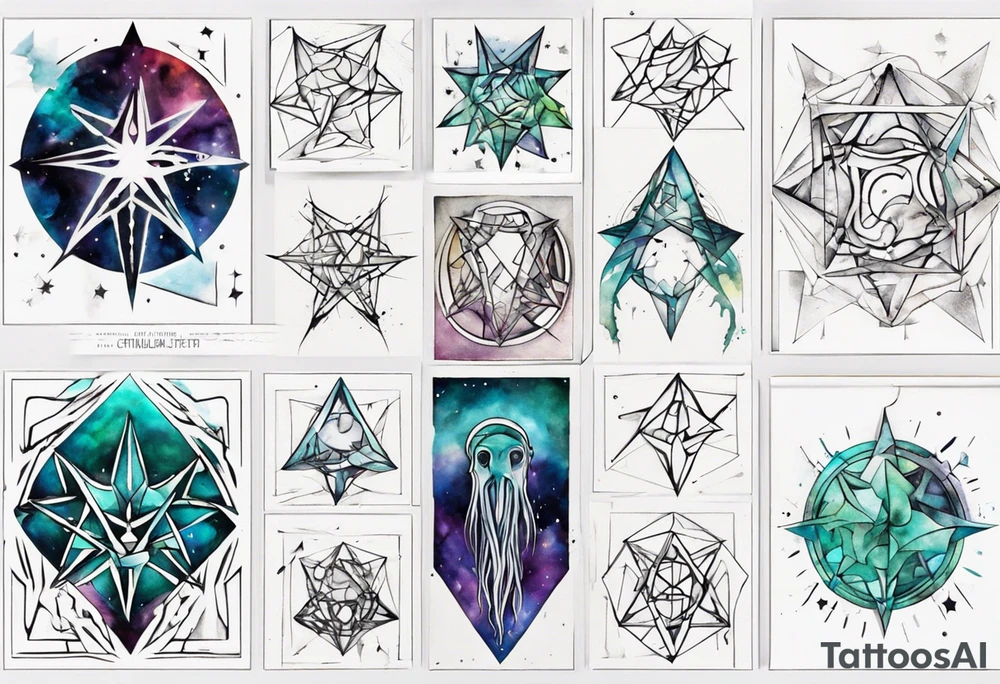 Geometric single image, abstract art, colect some stars to shine, pigment acquarel color, damage done, transient, cthulhu tattoo idea
