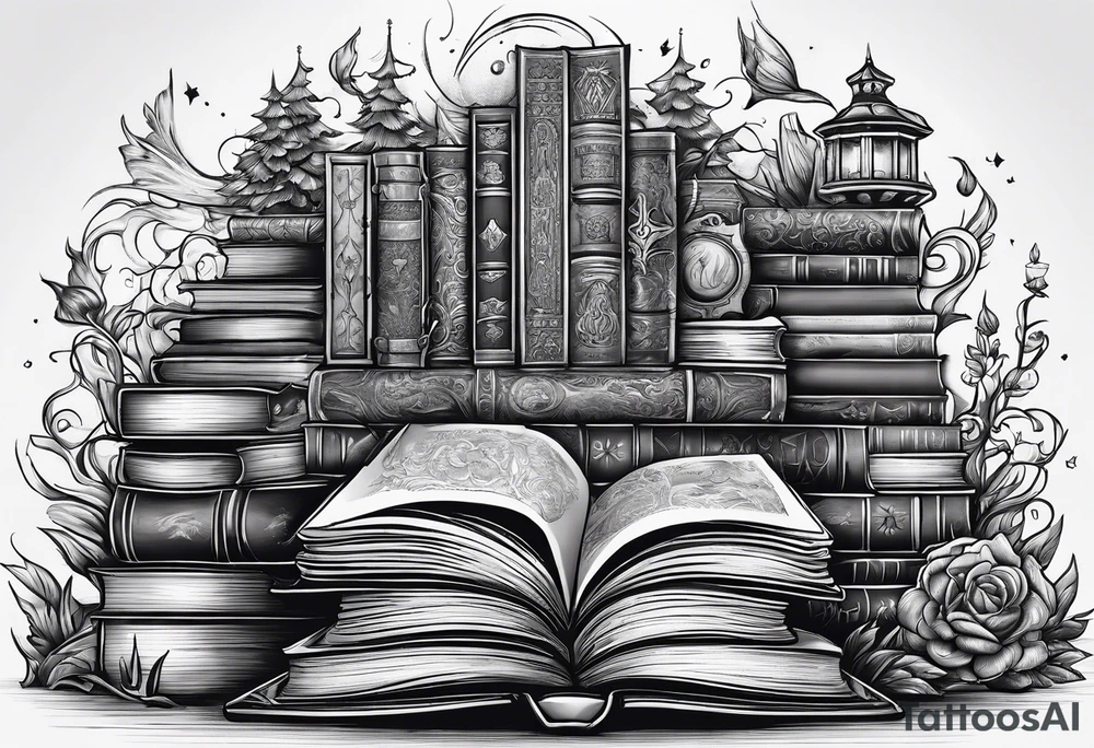 A stack of fantasy books tattoo idea