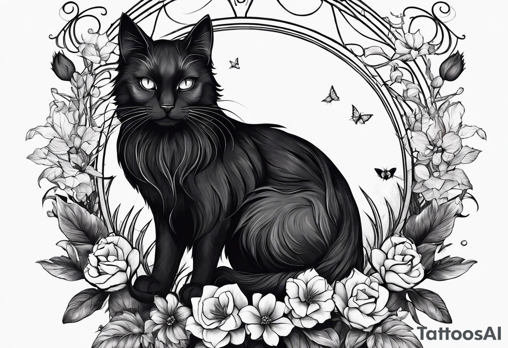 Ethereal witchy garden black cat tattoo idea