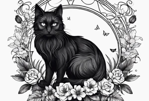 Ethereal witchy garden black cat tattoo idea
