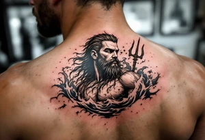 fit poseidon, with trident, in rough water, looking at the horizon tattoo idea