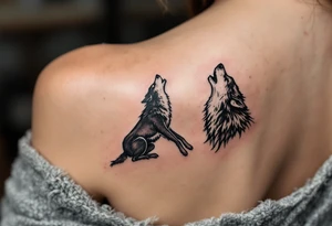 A howling black wolf for and a silver crescent moon on both partners shoulder blade. tattoo idea