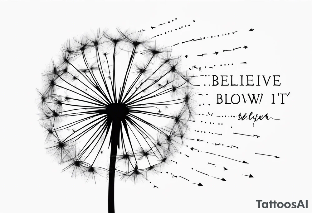 Dandelion with strow of words "believe or blow it" tattoo idea