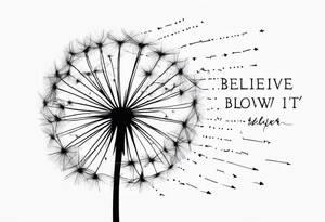 Dandelion with strow of words "believe or blow it" tattoo idea