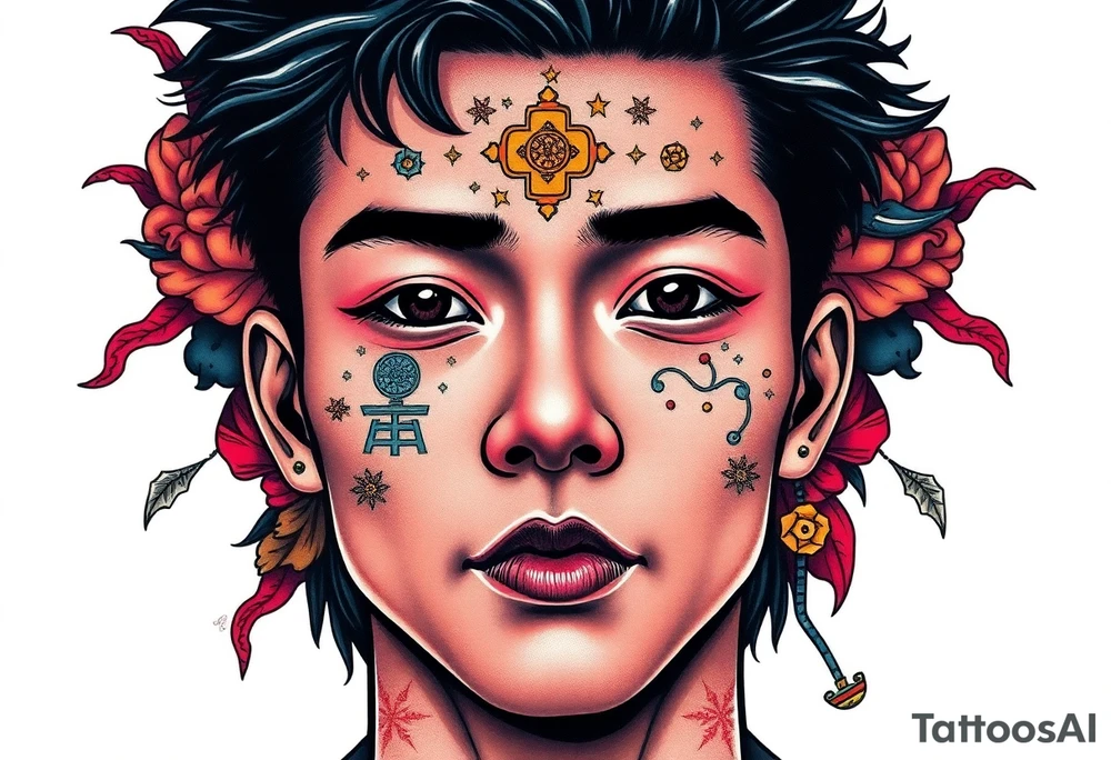 Handsome Asian young guy is drowning symbols on his face tattoo idea