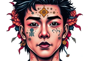 Handsome Asian young guy is drowning symbols on his face tattoo idea